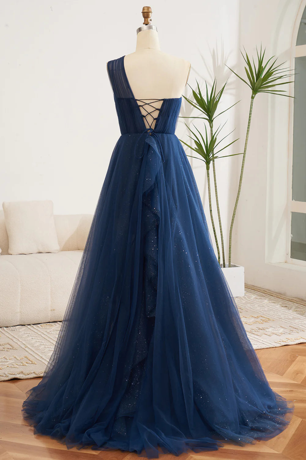 Abito lungo da ballo in chiffon monospalla blu navy a linea A